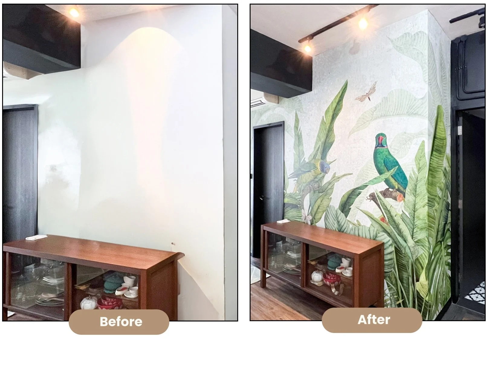 Plain wall transformed with green tropical bird and foliage mural